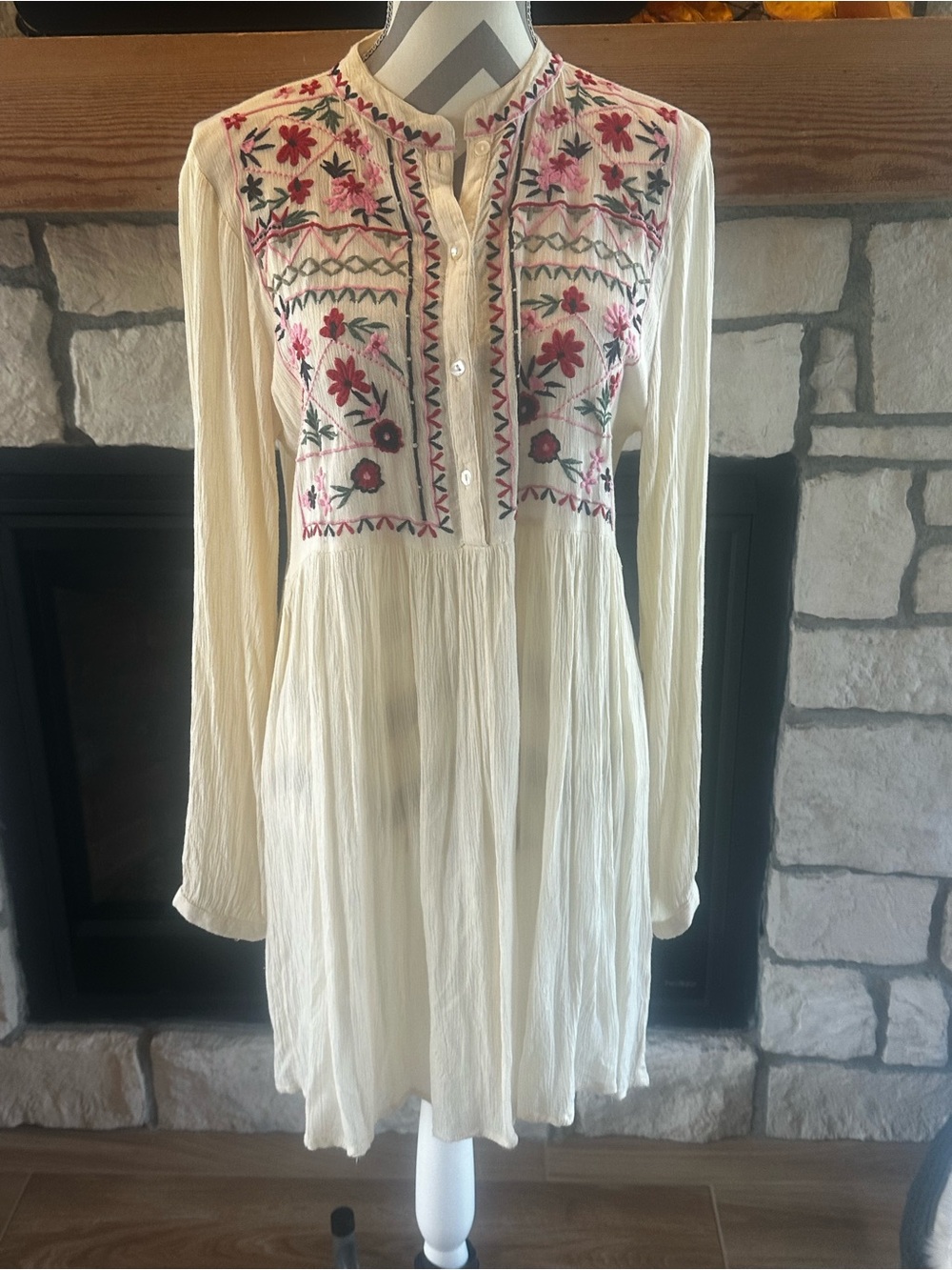Velzera vibrant pink and red floral embroidery cream tunic dress.
